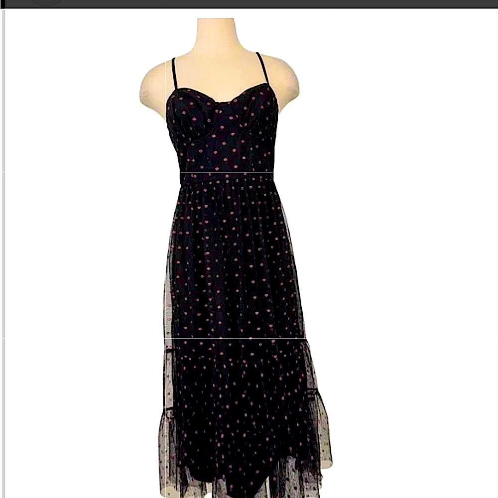 Betsey Johnson Black and Pink Polka Dot Midi Dress